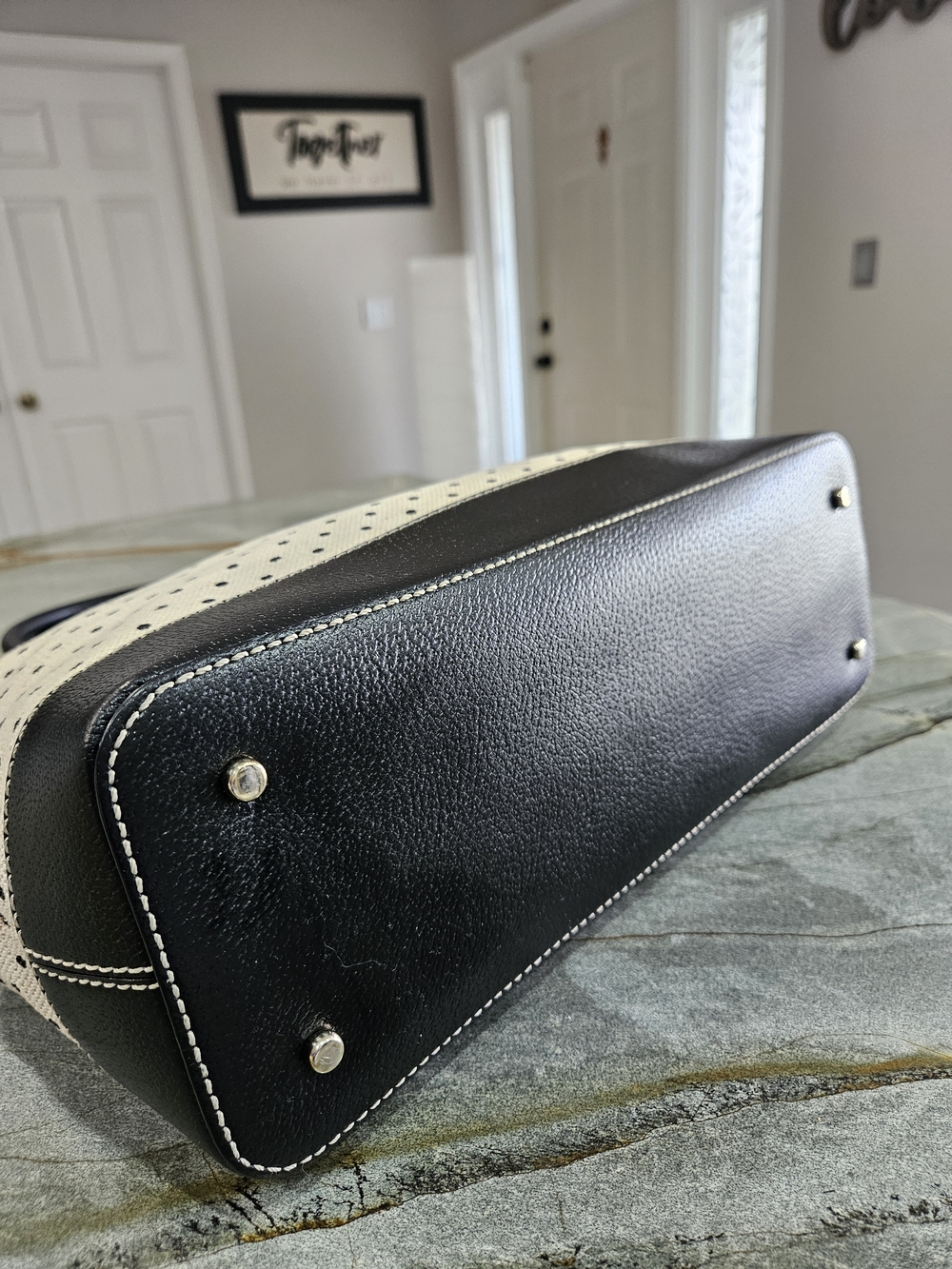 Kate Spade NY Black & White Polka Dot Canvas Satchel | Top Handle Bag-Large - Picture 7 of 17